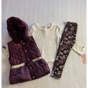 LITTLE LASS GIRL’S SIZE 4 METALLIC SHINE PUFFER VEST, TEE & FLORAL LEGGINGS 3-PC